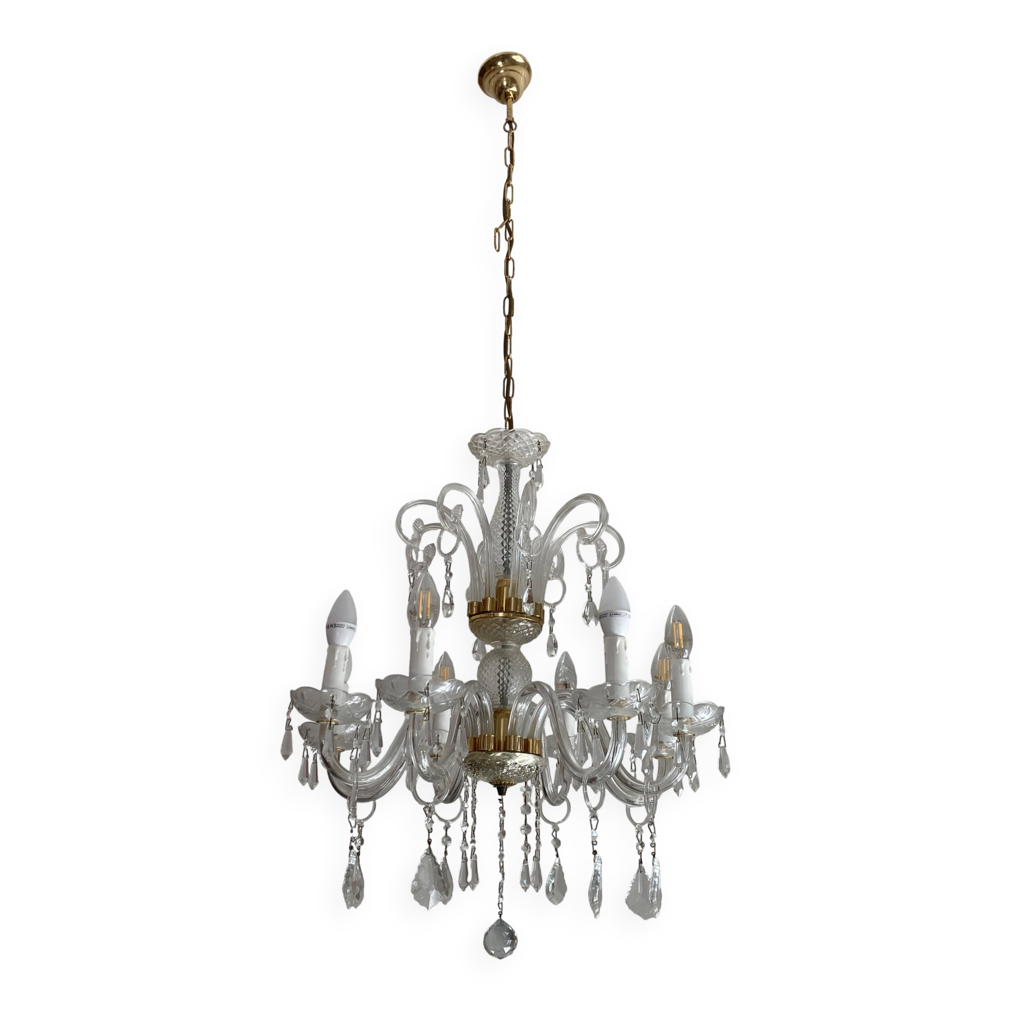 Lustre Murano verre soufflé 8 bras pendeloques cristal