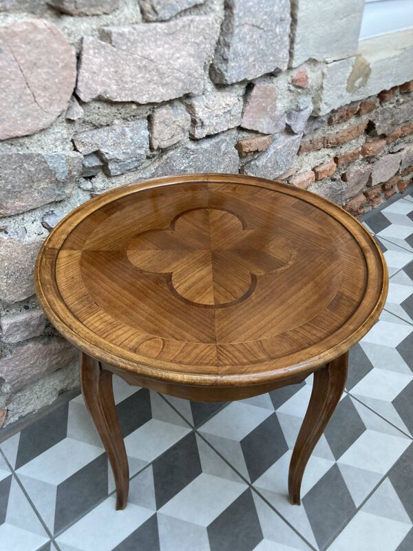 Table basse d'appoint ronde marquetée trèfle