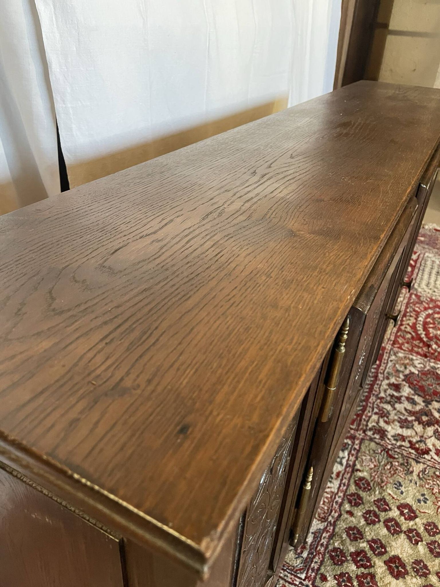 Vintage low sideboard in carved solid oak, Basque style.