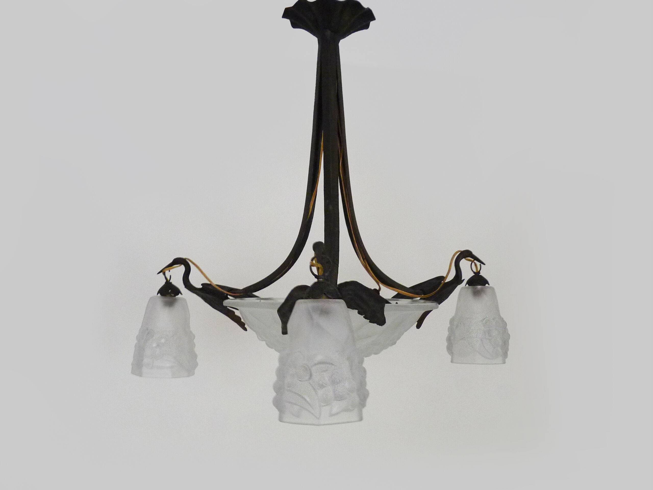 Art deco wrought iron chandelier - signed ros (degué) decoration birds