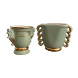 Two green and gold vases with handles