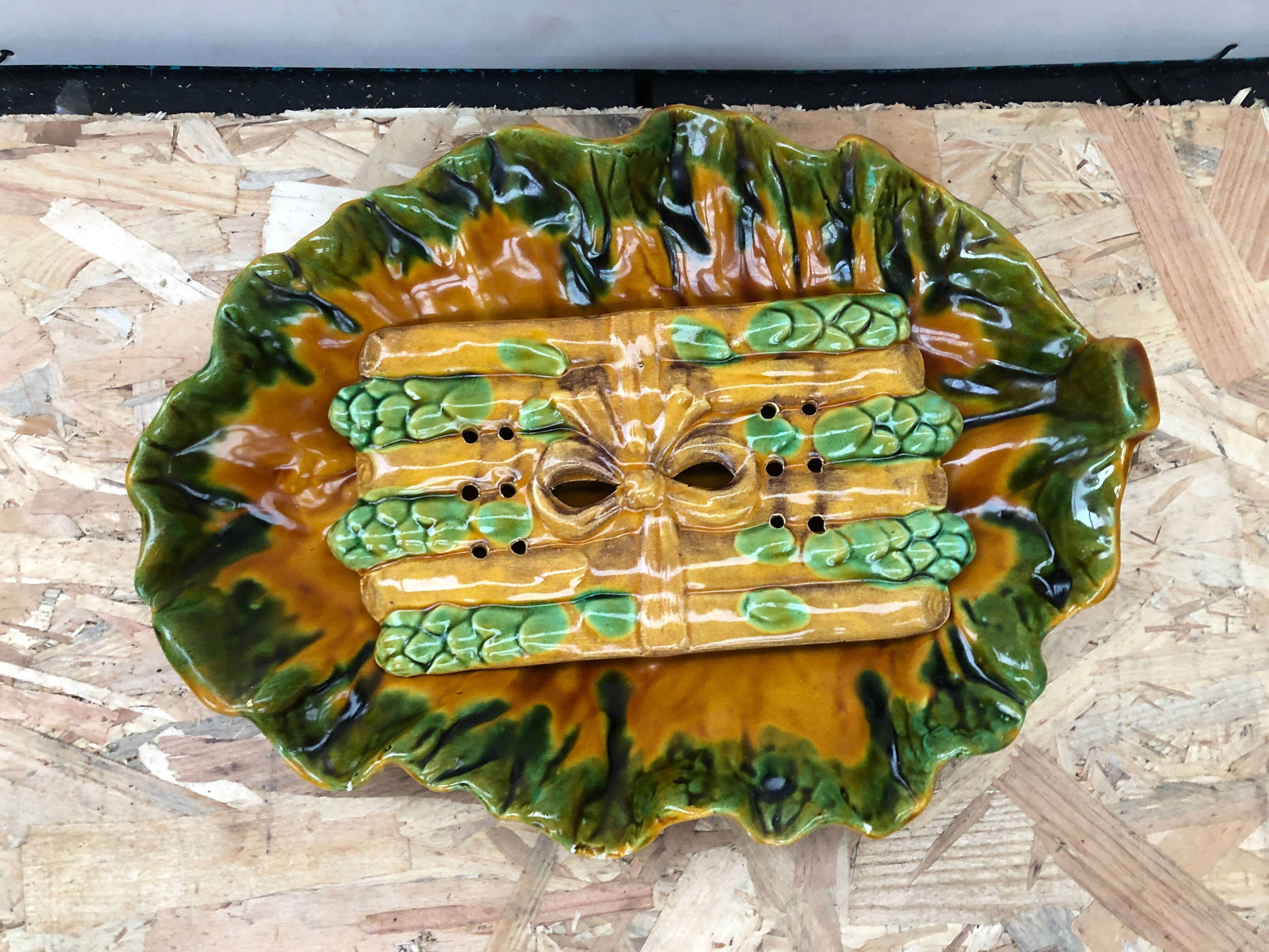 Old asparagus dish vallauris d.m. ceramic green & yellow vintage
