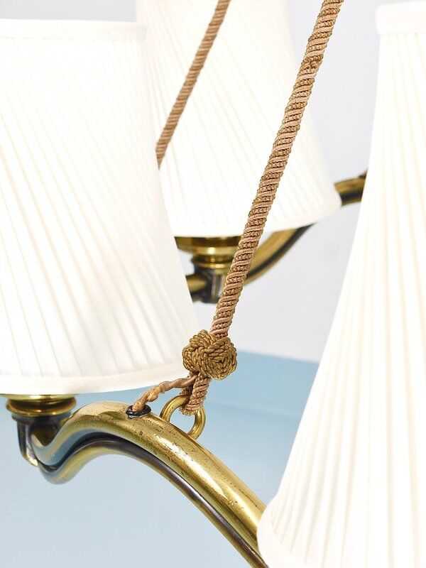 Large Viennese Modernism curved brass wave chandelier by Hugo Gorge, 1940s