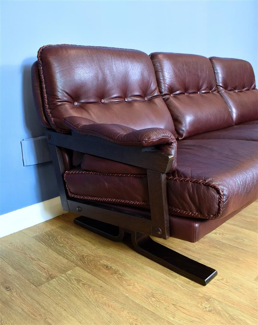 Mid Century Retro Swedish Burgundy Leather Arne Norell 3 Seat Sofa 70s