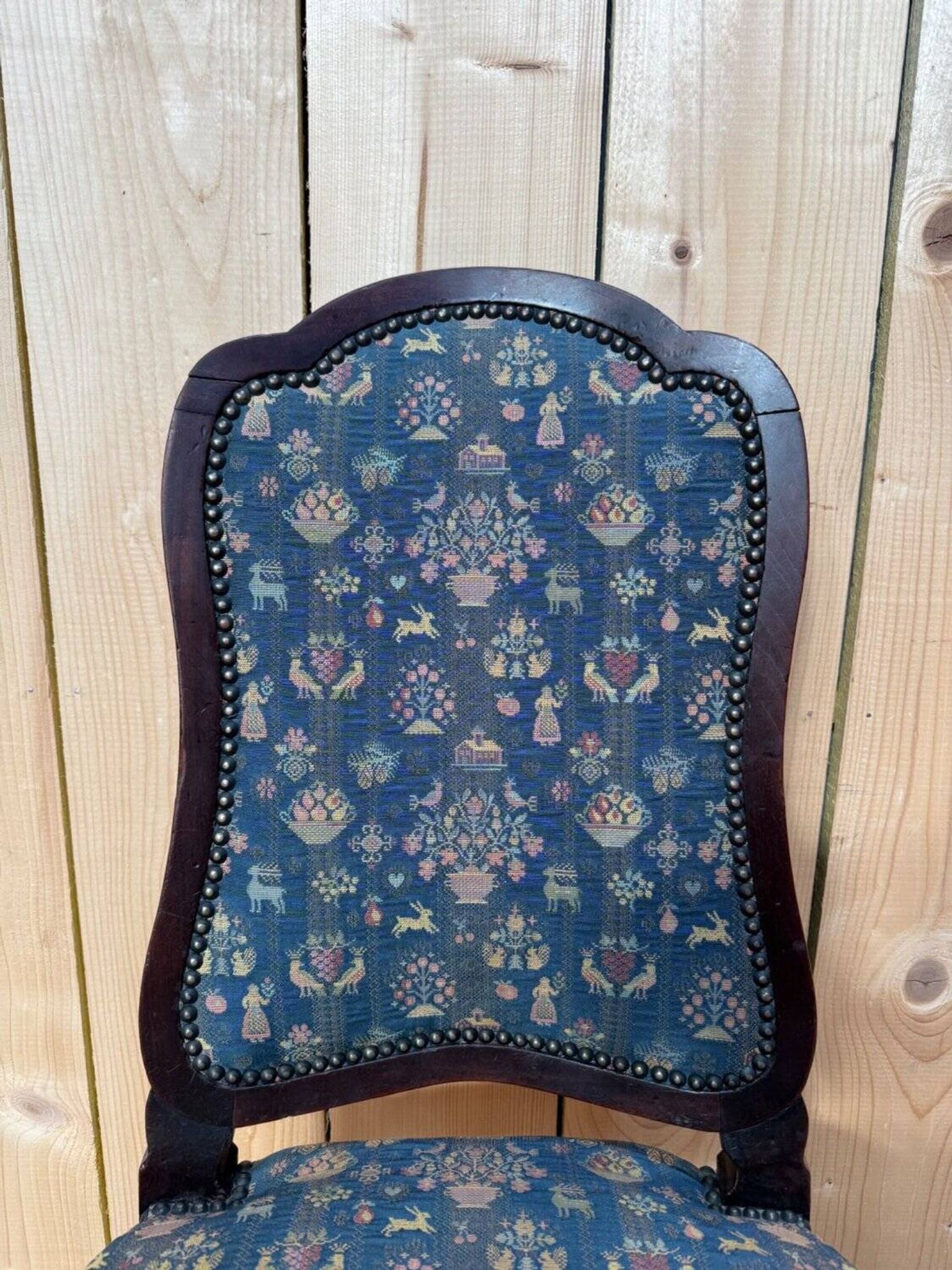 Set of 6 English Chippendale chairs from the 19th century – Mahogany, jacquard fabric