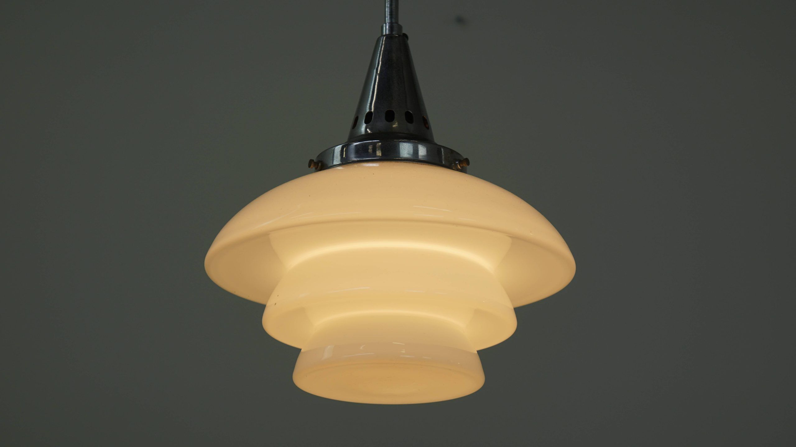 Vintage design pendant lamp with layered milk glass and chrome