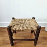 Small rustic vintage wooden and straw stool -