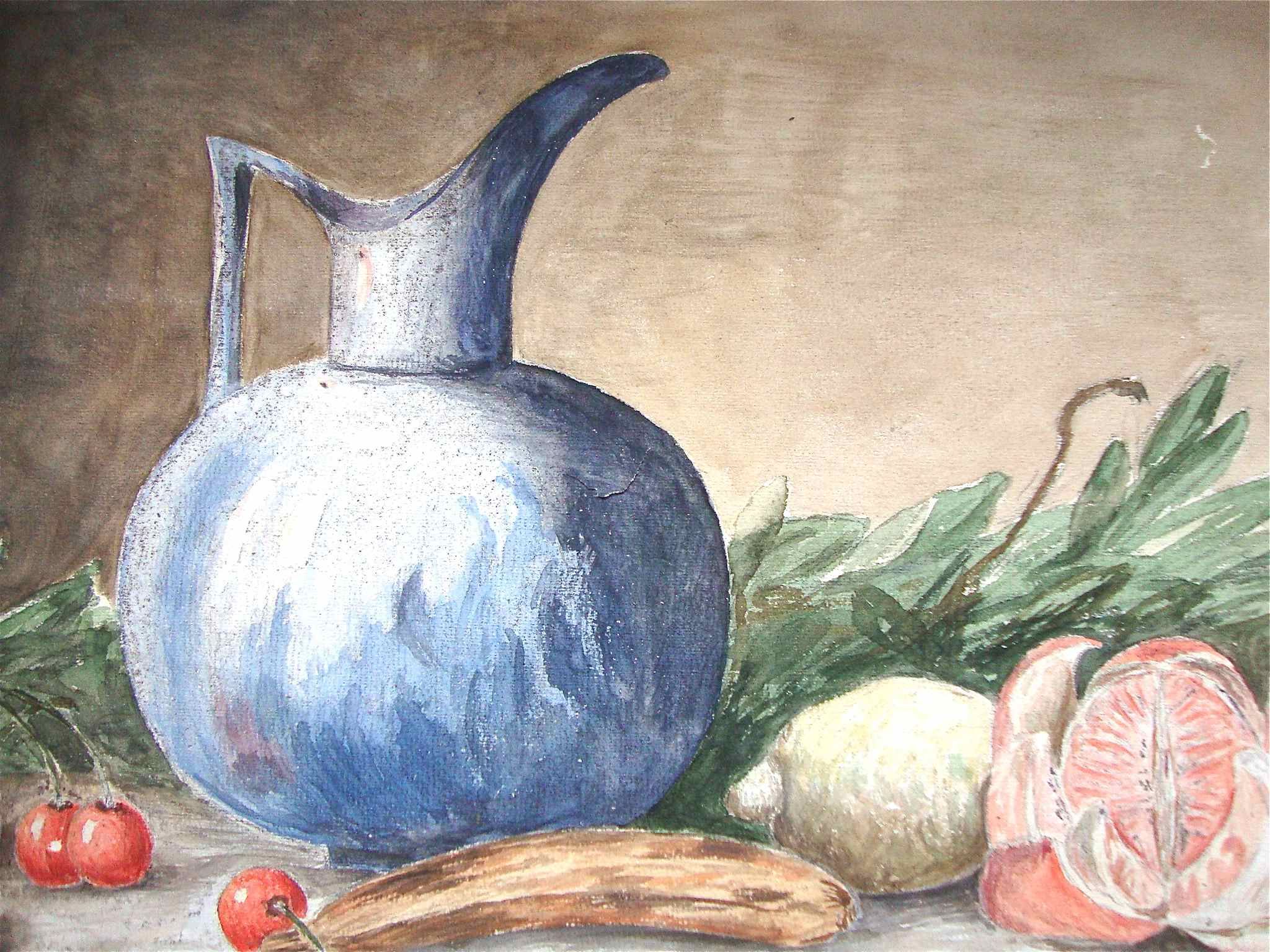 Ancient fruit watercolor and blue pitcher