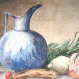 Tableau ancien fruits et pichet bleu