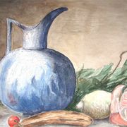 Ancient fruit watercolor and blue pitcher