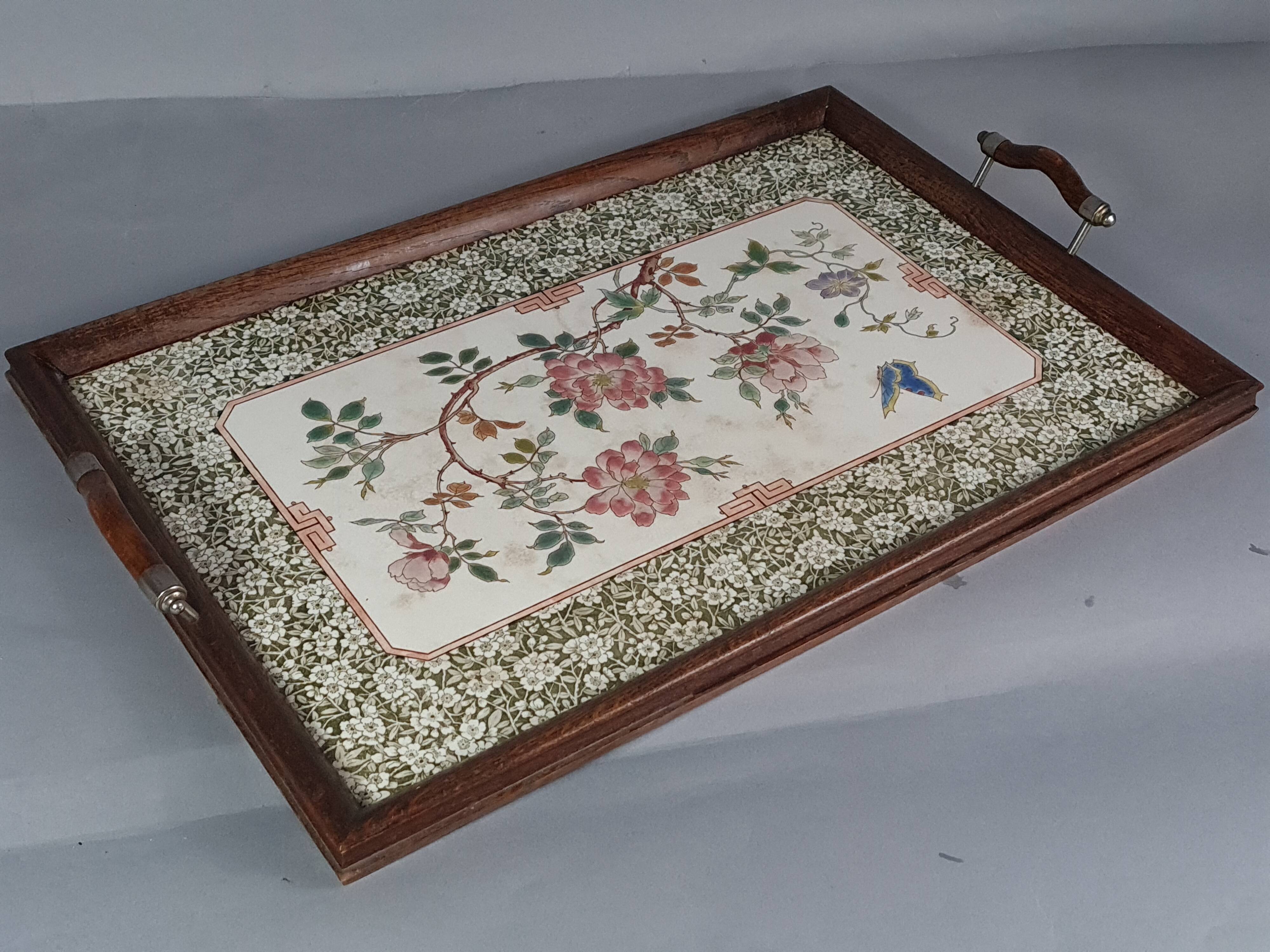 Ancien plateau de service faïence émaillée floral  & bois 1900 57x35 cm C99