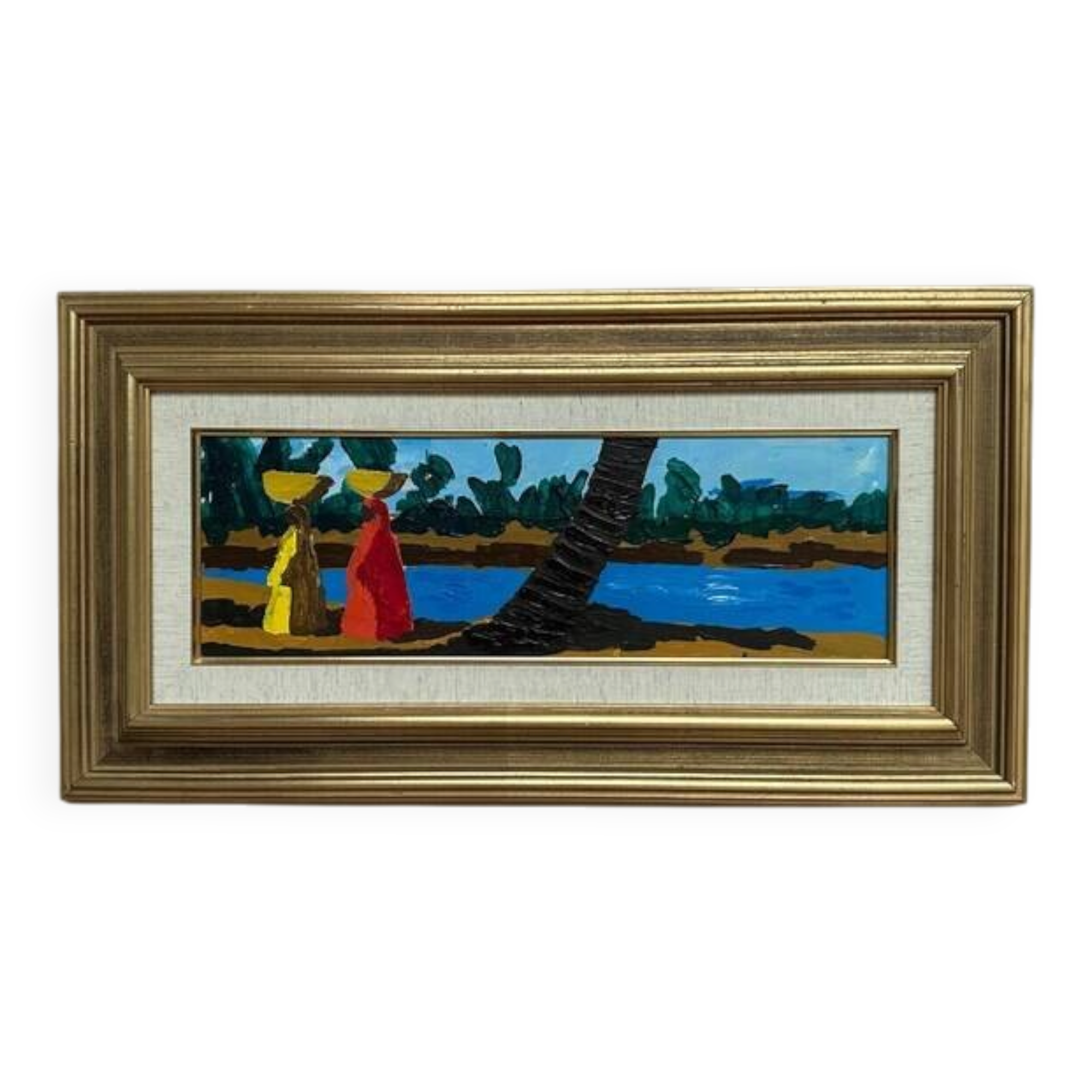 Original Swedish Oil on Panel – "Female Figures by a Stream", attributed to Lars Norrman – Signed – Vintage and Framed – 38 × 74 cm (15 × 29.1 inches)