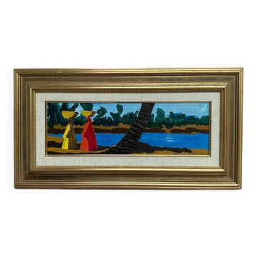 Original Swedish Oil on Panel – "Female Figures by a Stream", attributed to Lars Norrman – Signed – Vintage and Framed – 38 × 74 cm (15 × 29.1 inches)