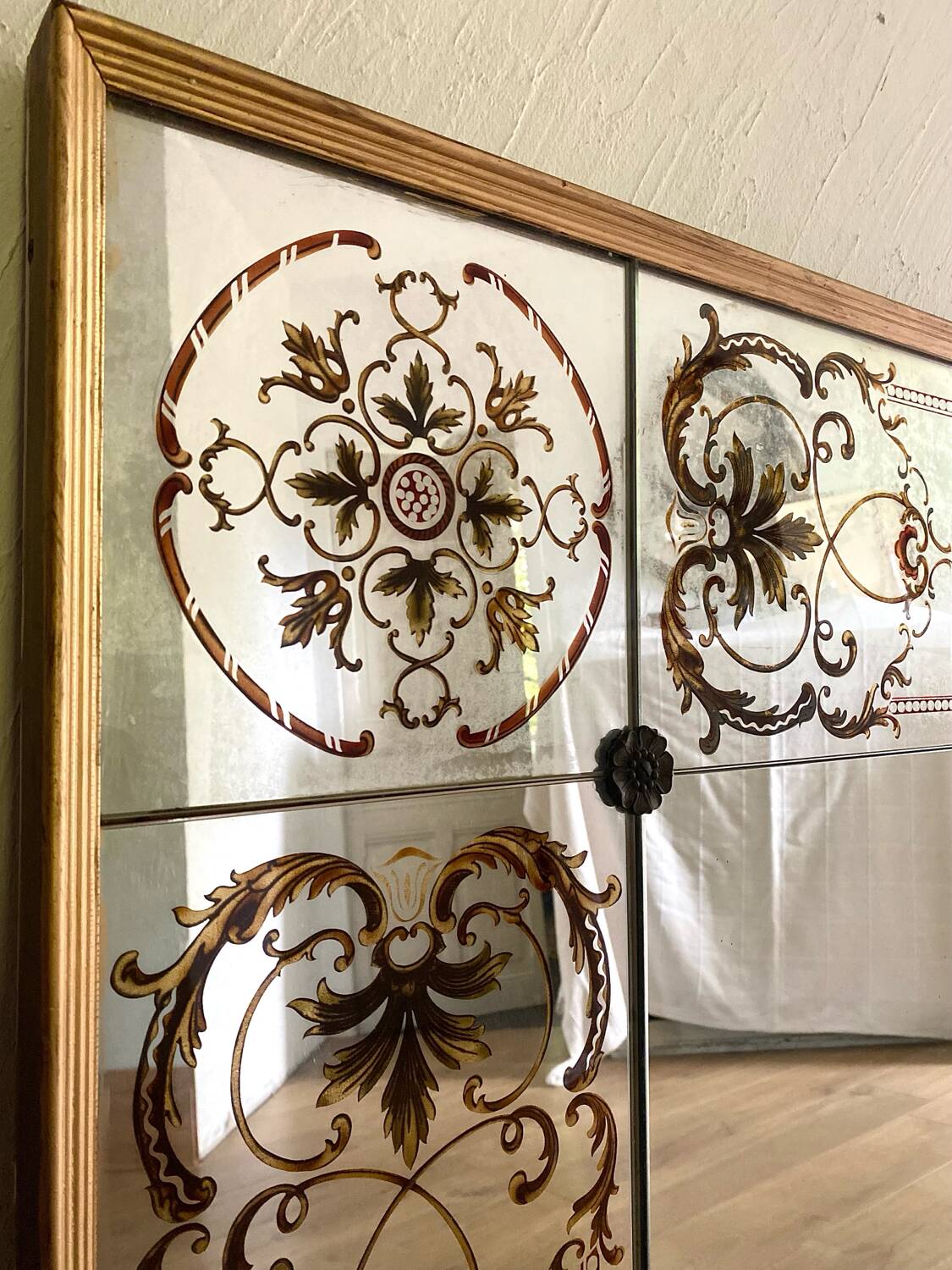 Antique bistro/brasserie mirror in reverse-painted glass, 202 x 102 cm