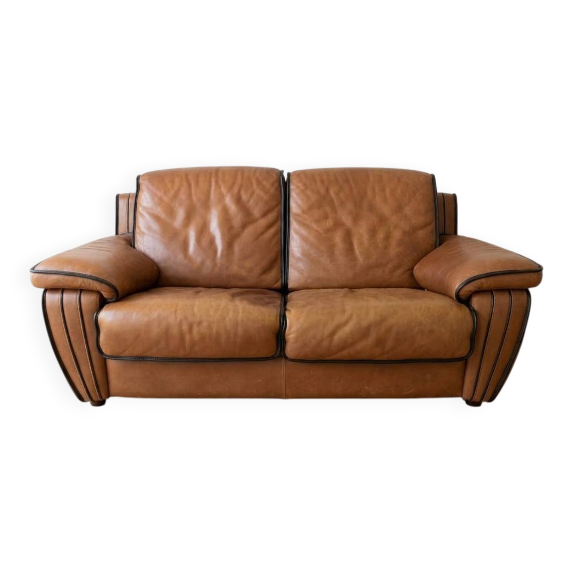 Vintage 1970s brown leather two-seater sofa