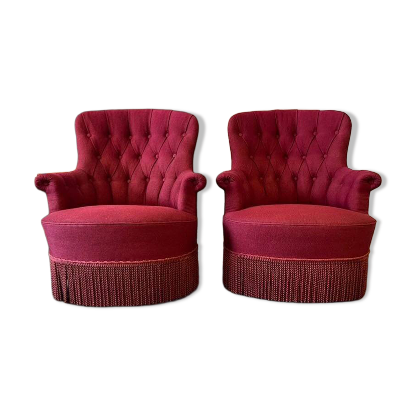 Set of 2 vintage cocktail armchairs / individual armchairs with fringes.