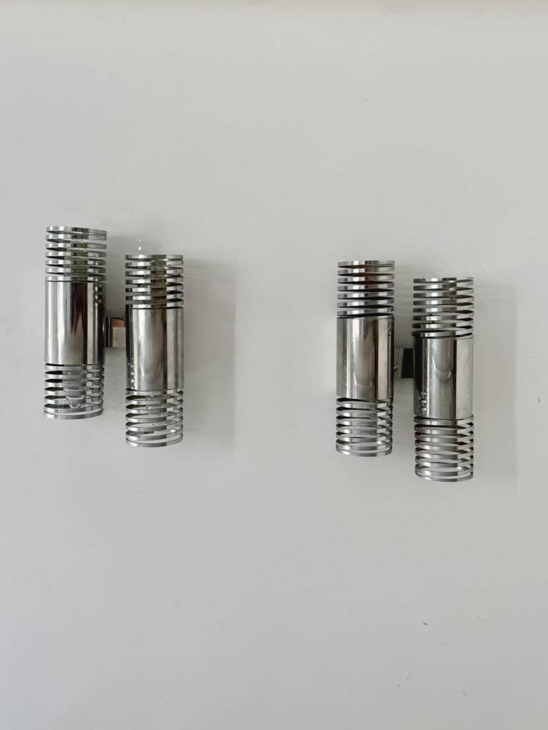 Pair of vintage double wall lights in chrome metal, France, 1970.