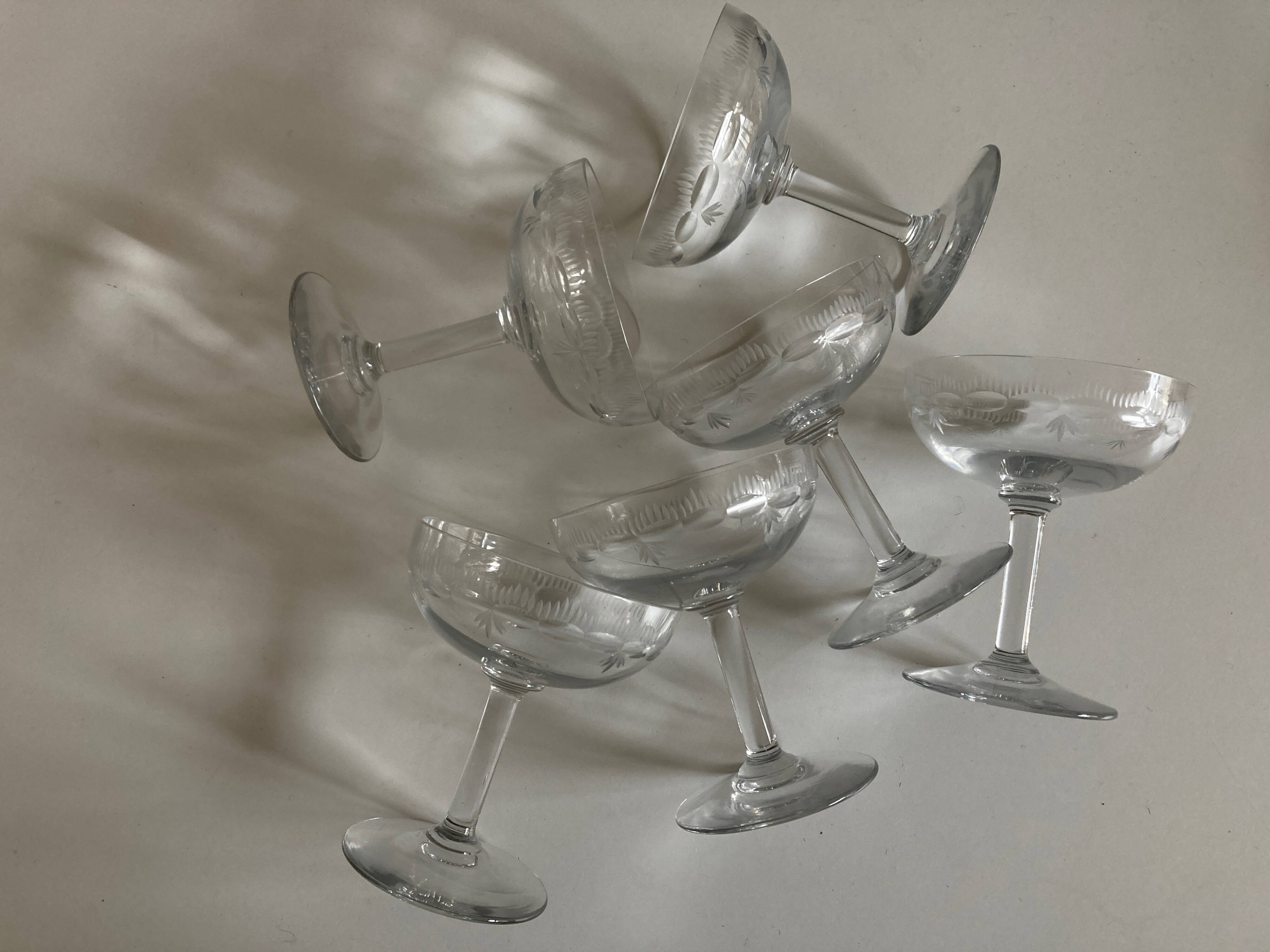 Set of 6 faceted cut crystal champagne glasses, Napoleon III style