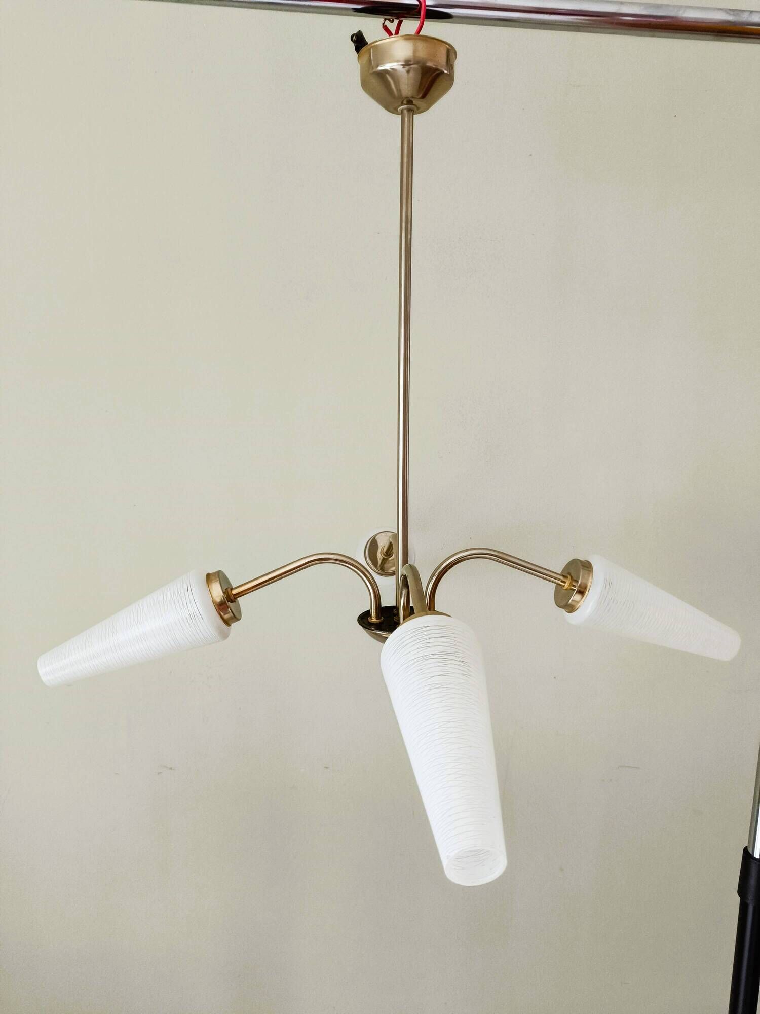 Brass chandelier with conical lampshades from the 1970s