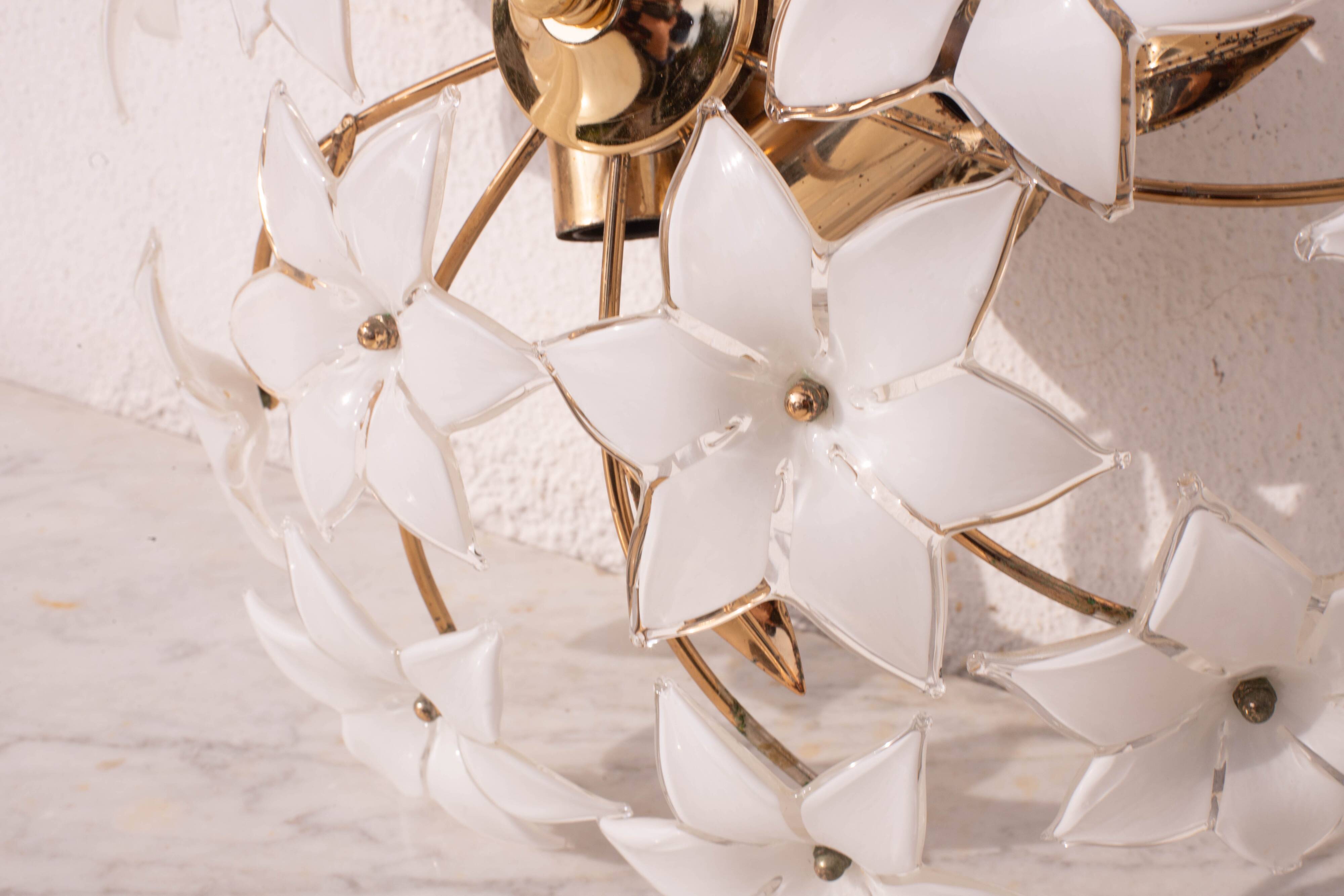 Charming Vintage Murano Ceiling Light White Flowers, 1960s