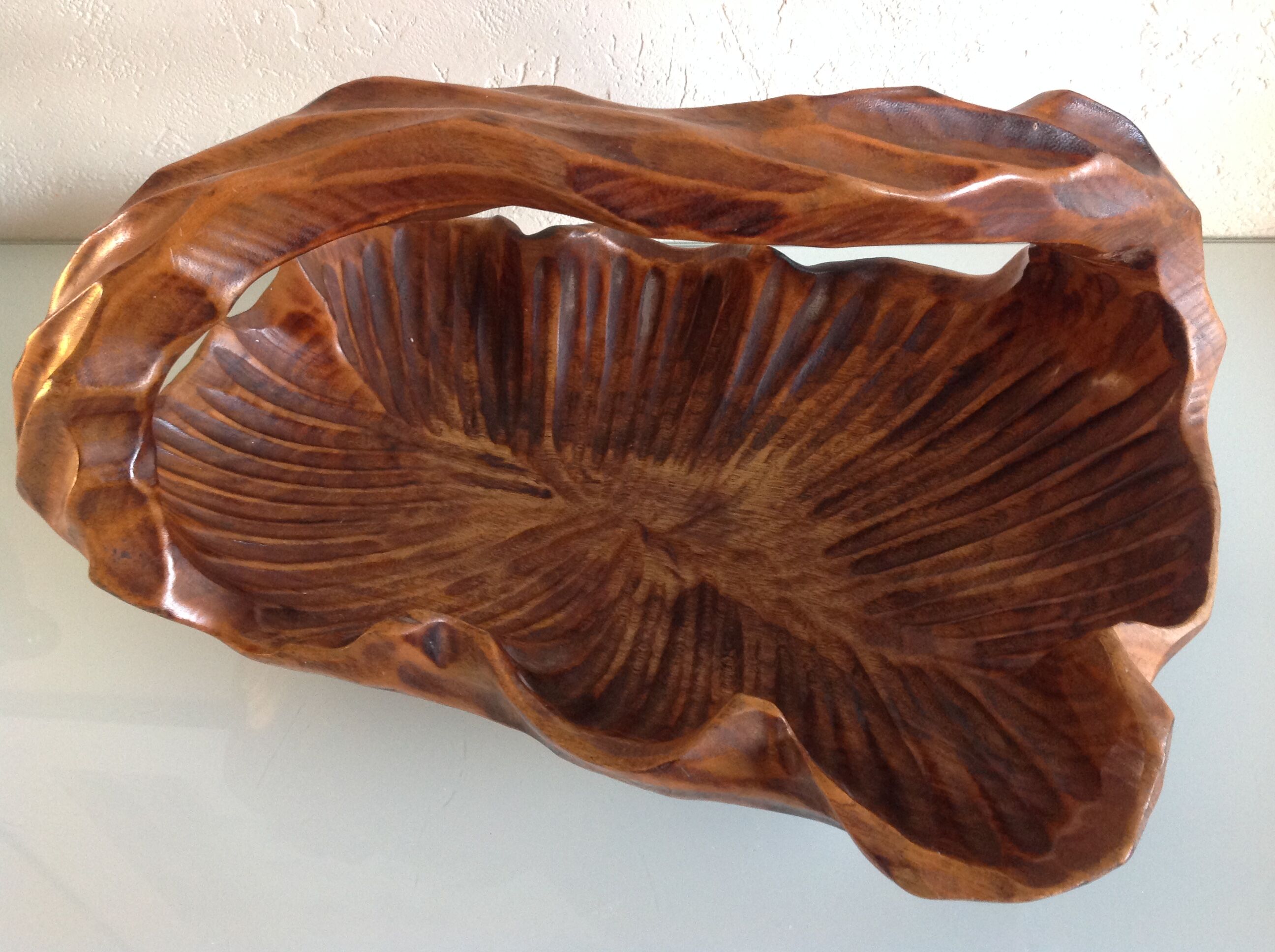 Brutalist carved wood fruit basket / vintage 60s-70s