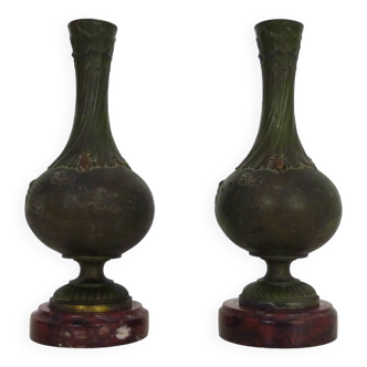 Auguste moreau 1834-1917 pair of signed 19th century vases with bird and insect decoration
