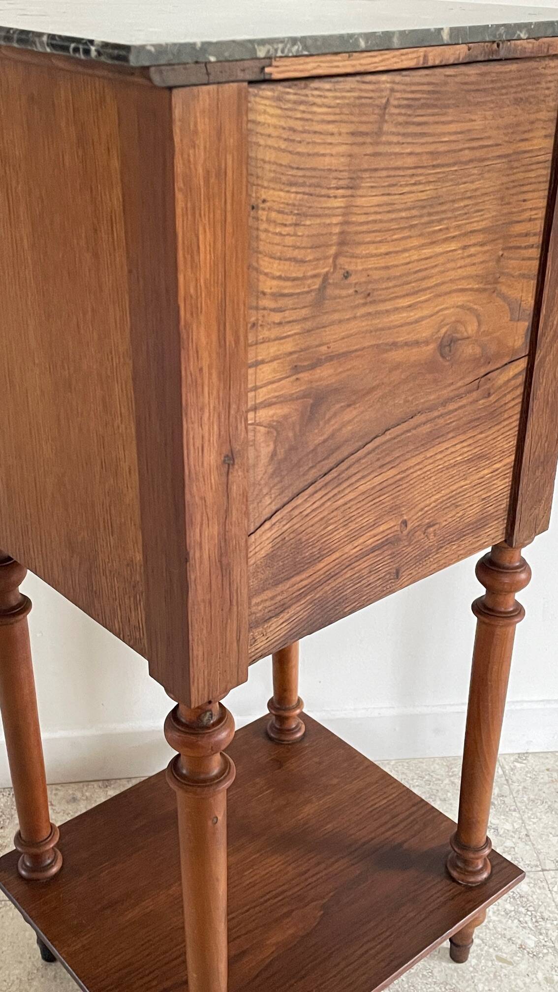 Antique bedside table in wood and marble
