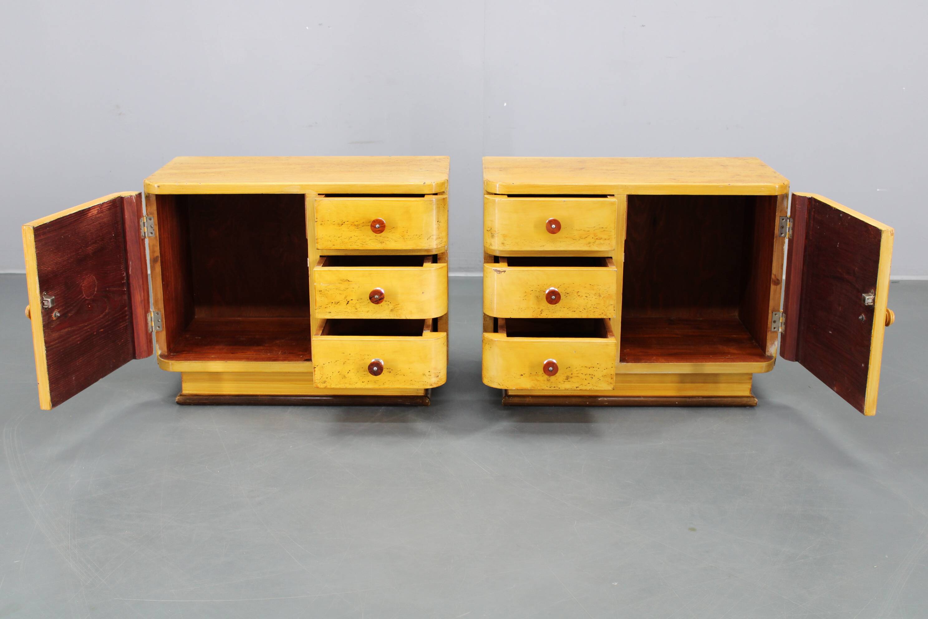 Pair of 1940s Czechoslovak Art Deco nightstands with painted maple imitation finish