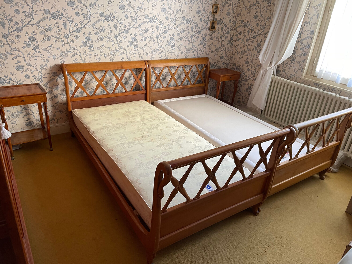 Pair of empire style swan neck beds and bedside tables