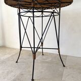 Vintage round table in woven rattan and black wrought iron – 1950s / 1960s