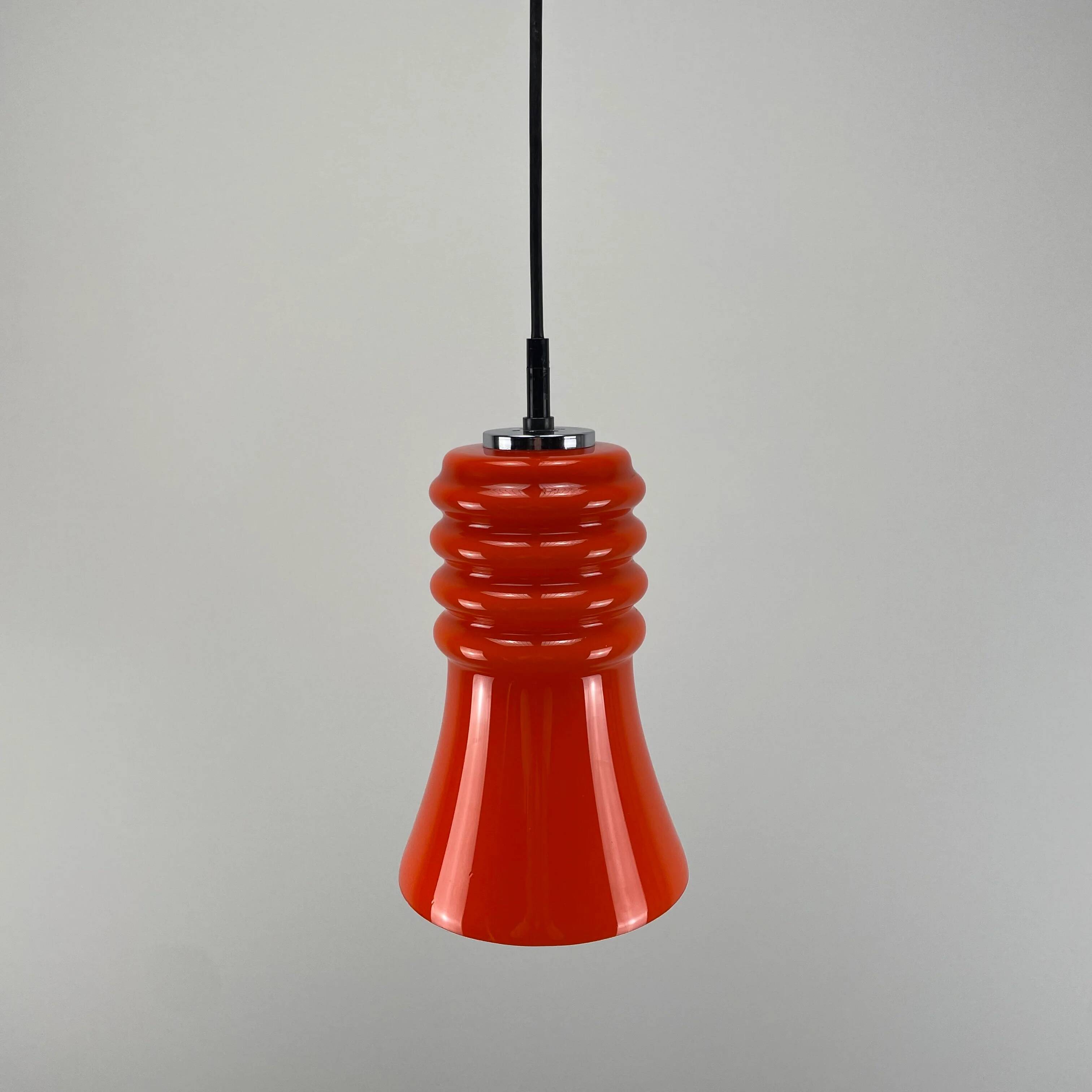 Rare orange glass trumpet-shaped pendant light by Peill & Putzler, 1960.