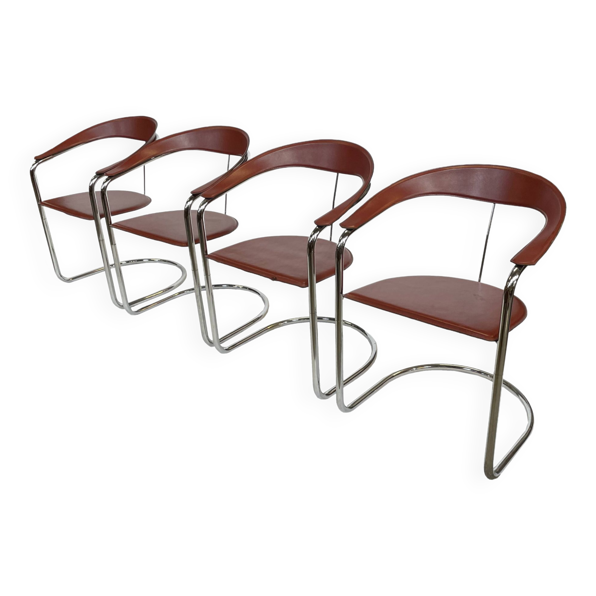 Set of 4 design cantilever chairs cognac leather and chrome design