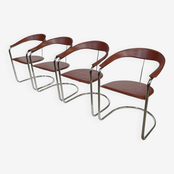 Lot de 4 chaises cantilever design cuir cognac et design chrome