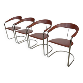 Set of 4 design cantilever chairs cognac leather and chrome design