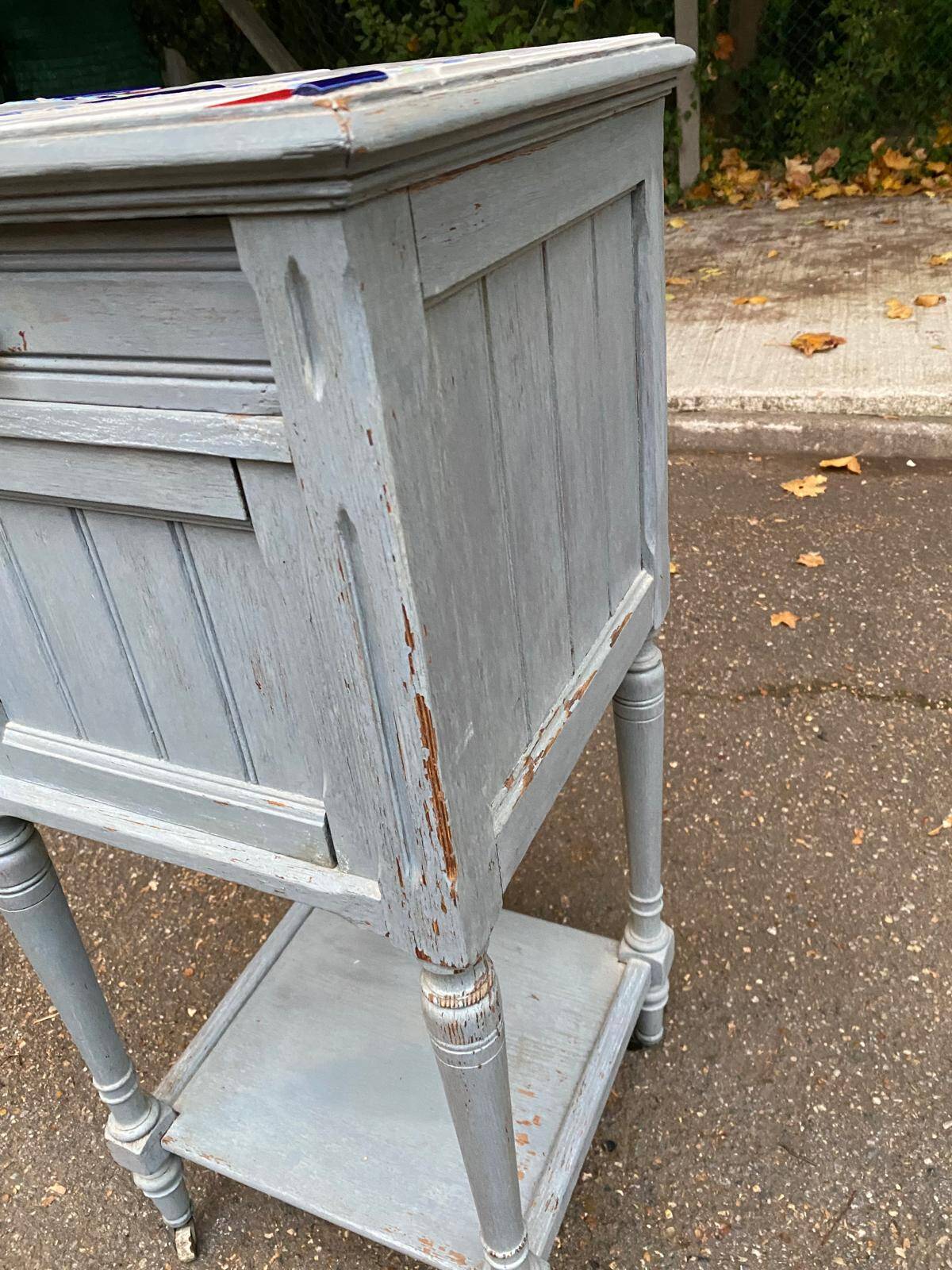 Henri II bedside table in solid grey wood and marble