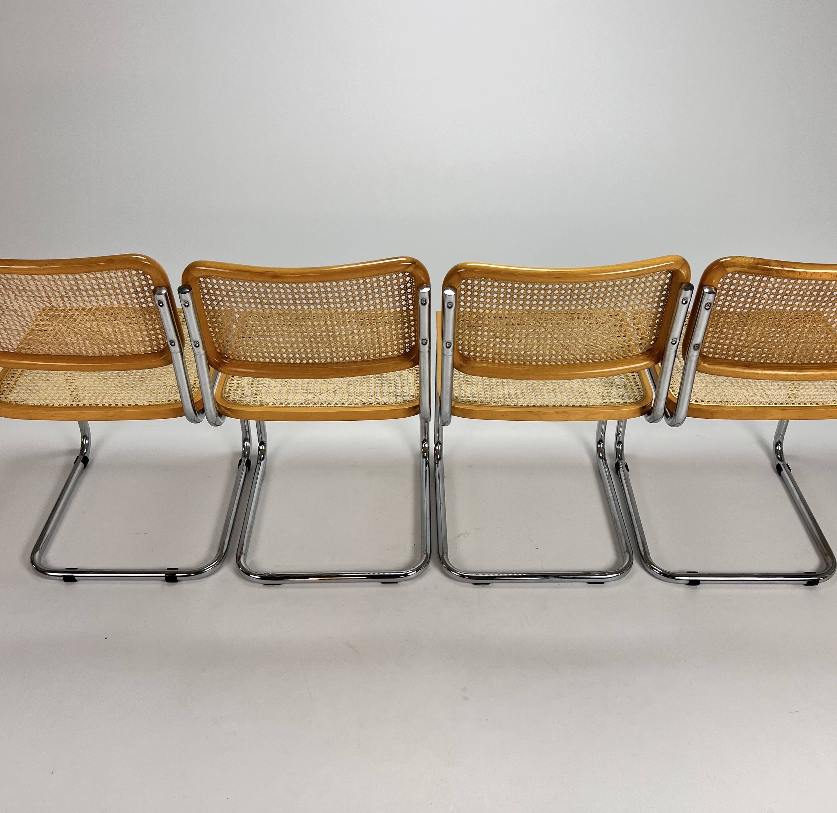 Set of 4 tubular frame and cane cantilever dining chairs, italy, 1970s