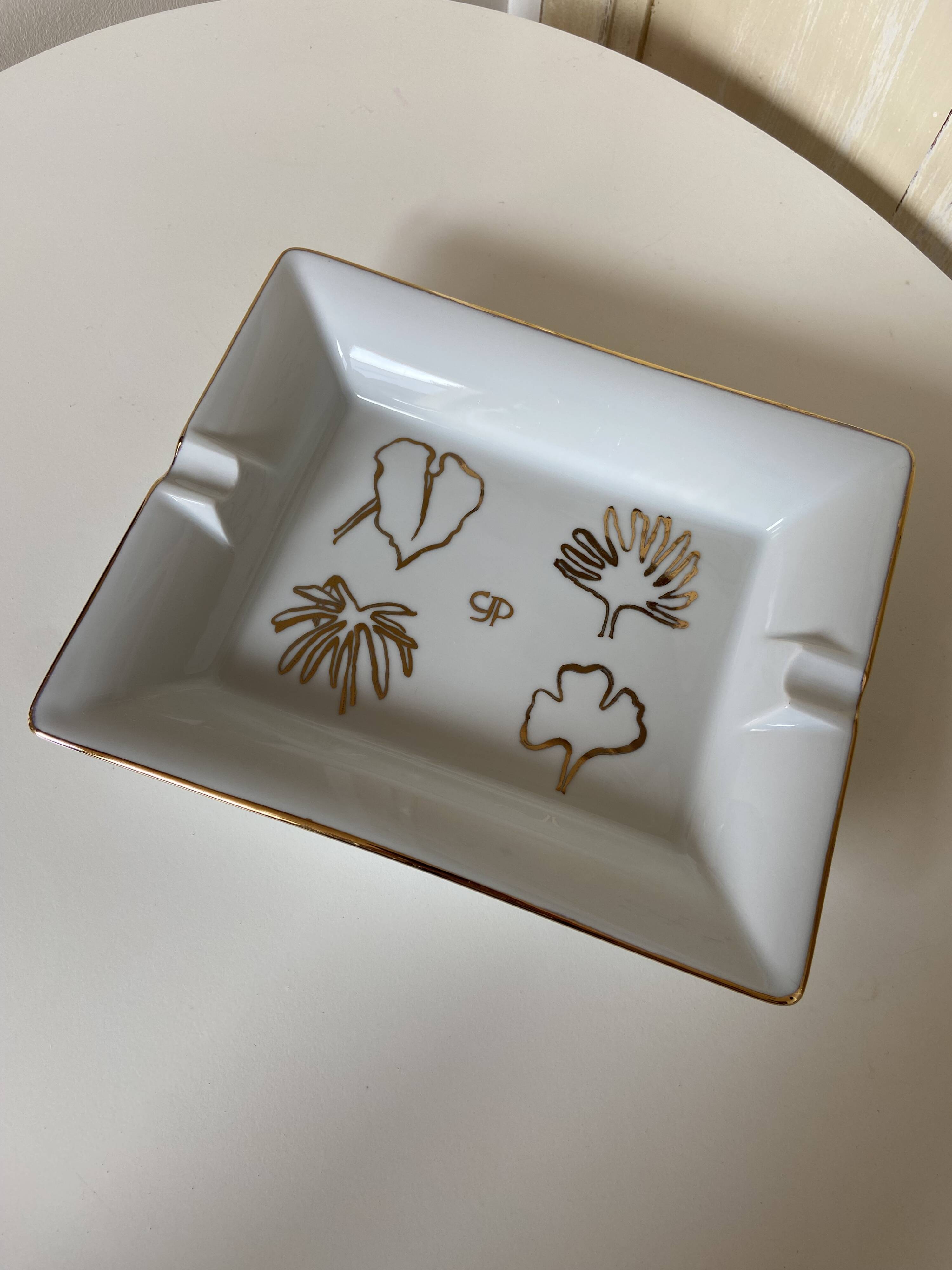 Old rectangular Limoges Porcelain Ashtray: Leaf designs signed GP