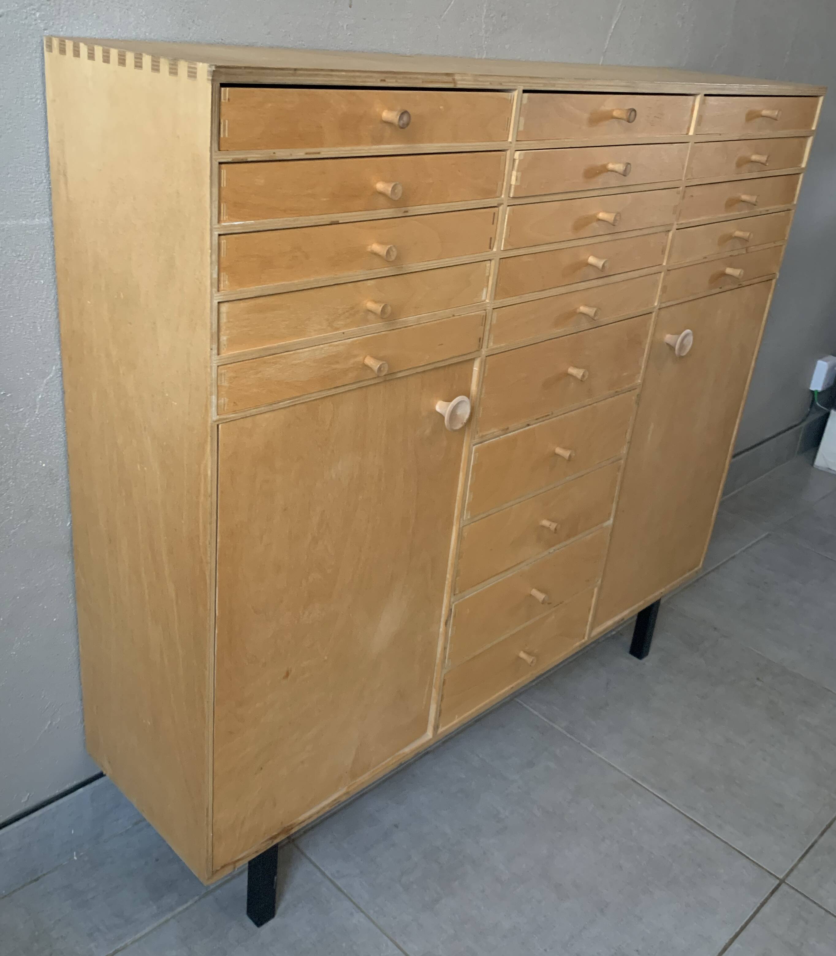 Vintage 20-drawer craft cabinet, 1960s in raw wood