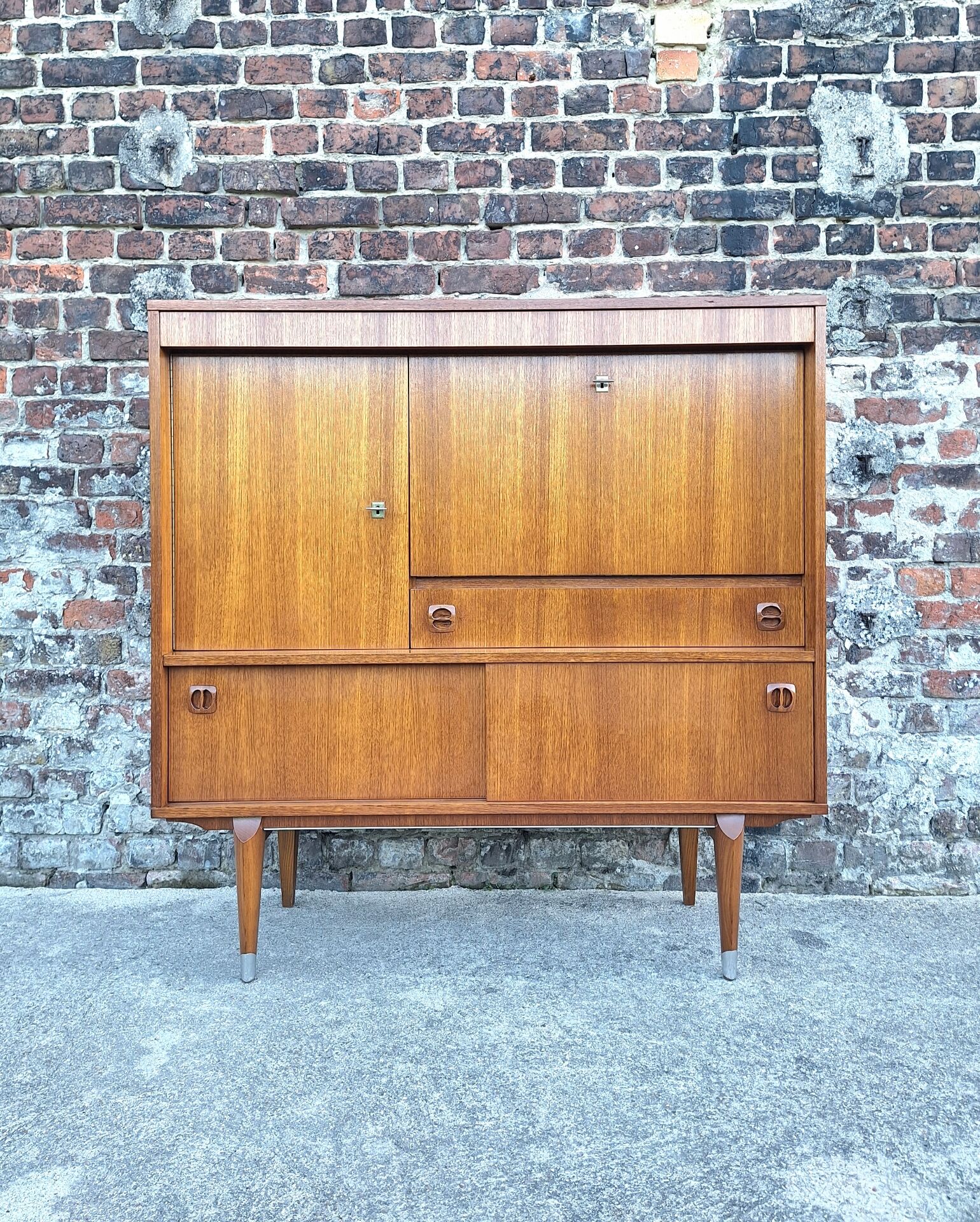 Vintage teak secretary, bar cabinet, sideboard, desk.