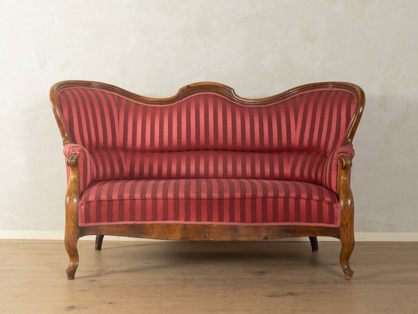 Biedermeier salon bench with raspberry red striped upholstery