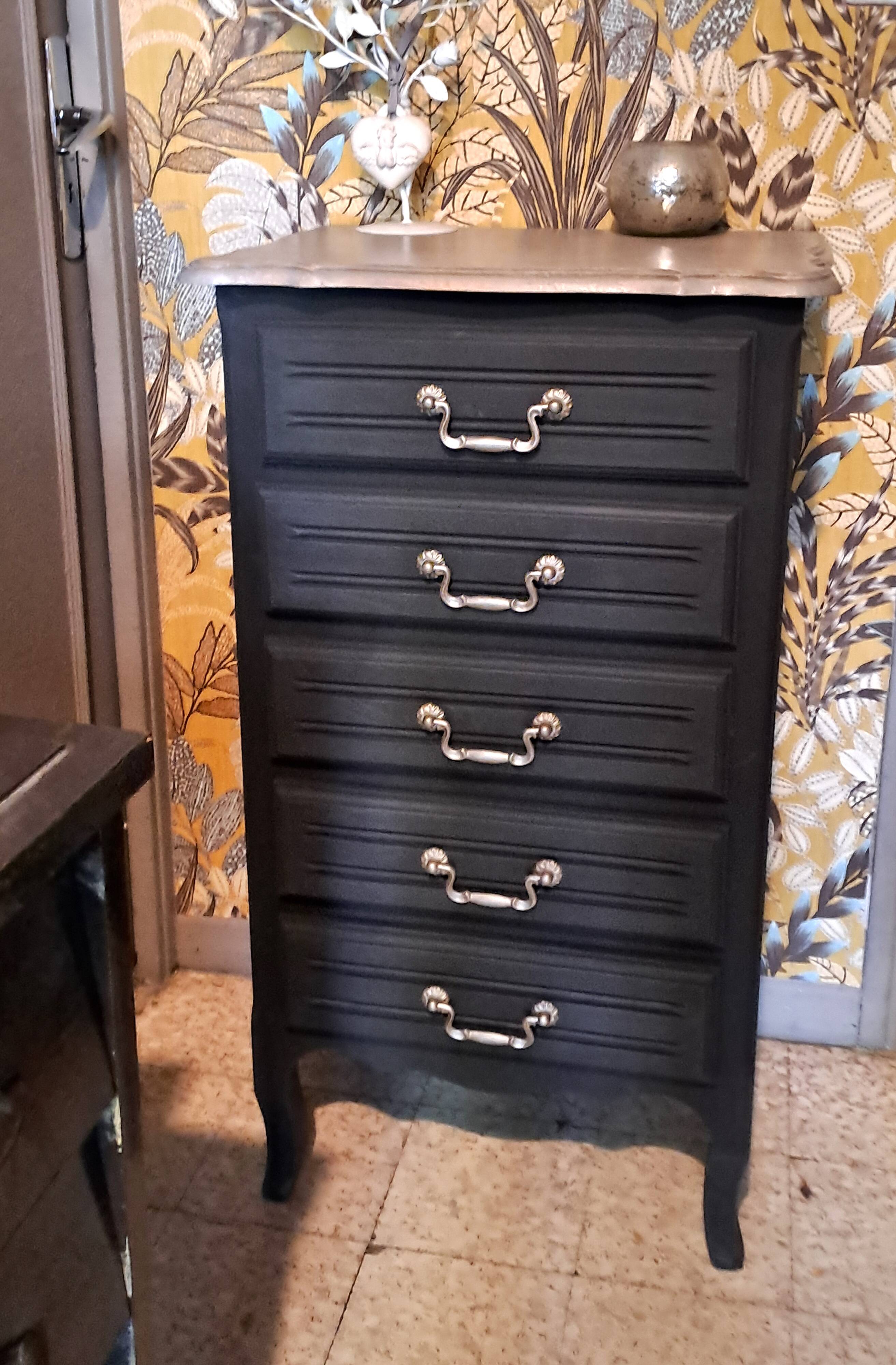 Black and grey painted wooden chest of drawers from France 1950 with 5 drawers