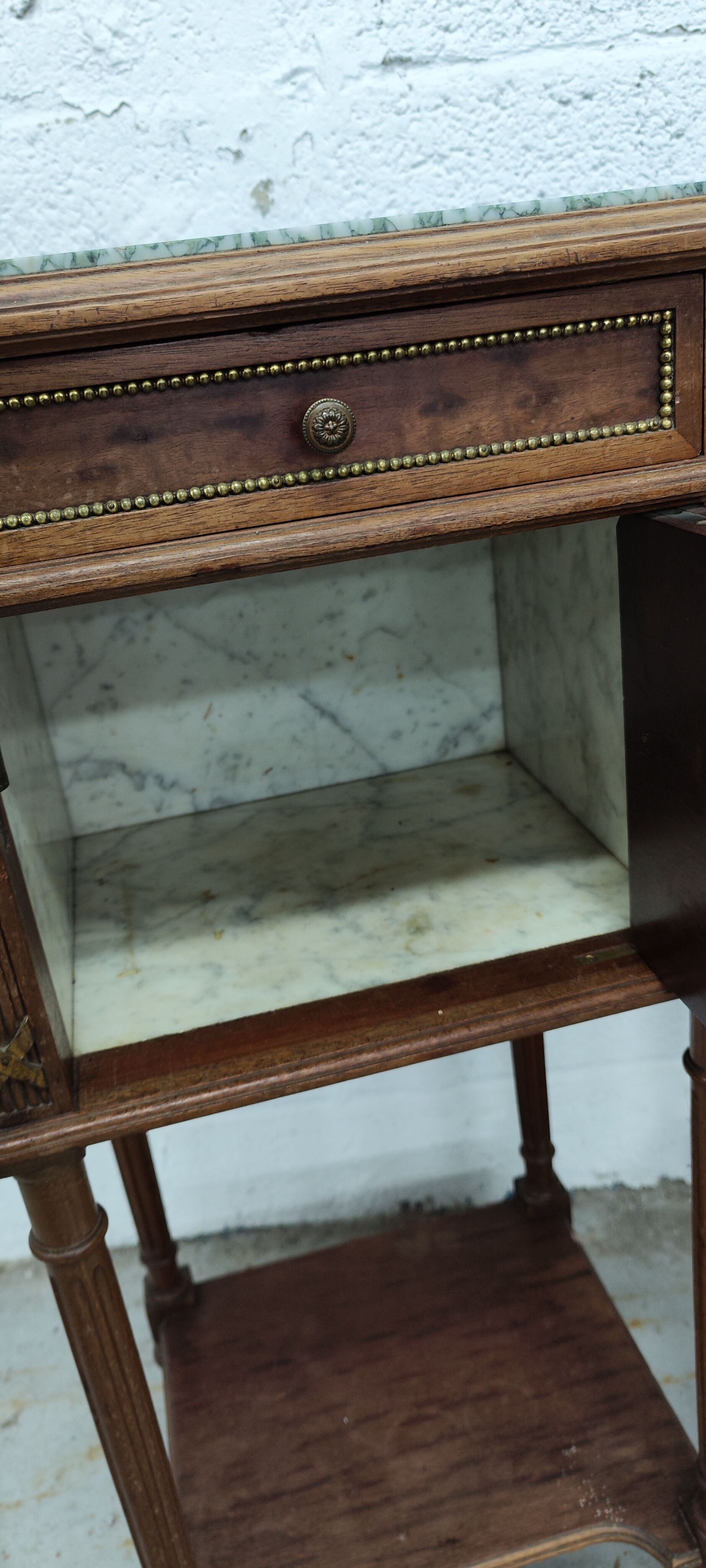 Pair of bedside old marquetry top green marble and bronze decorations