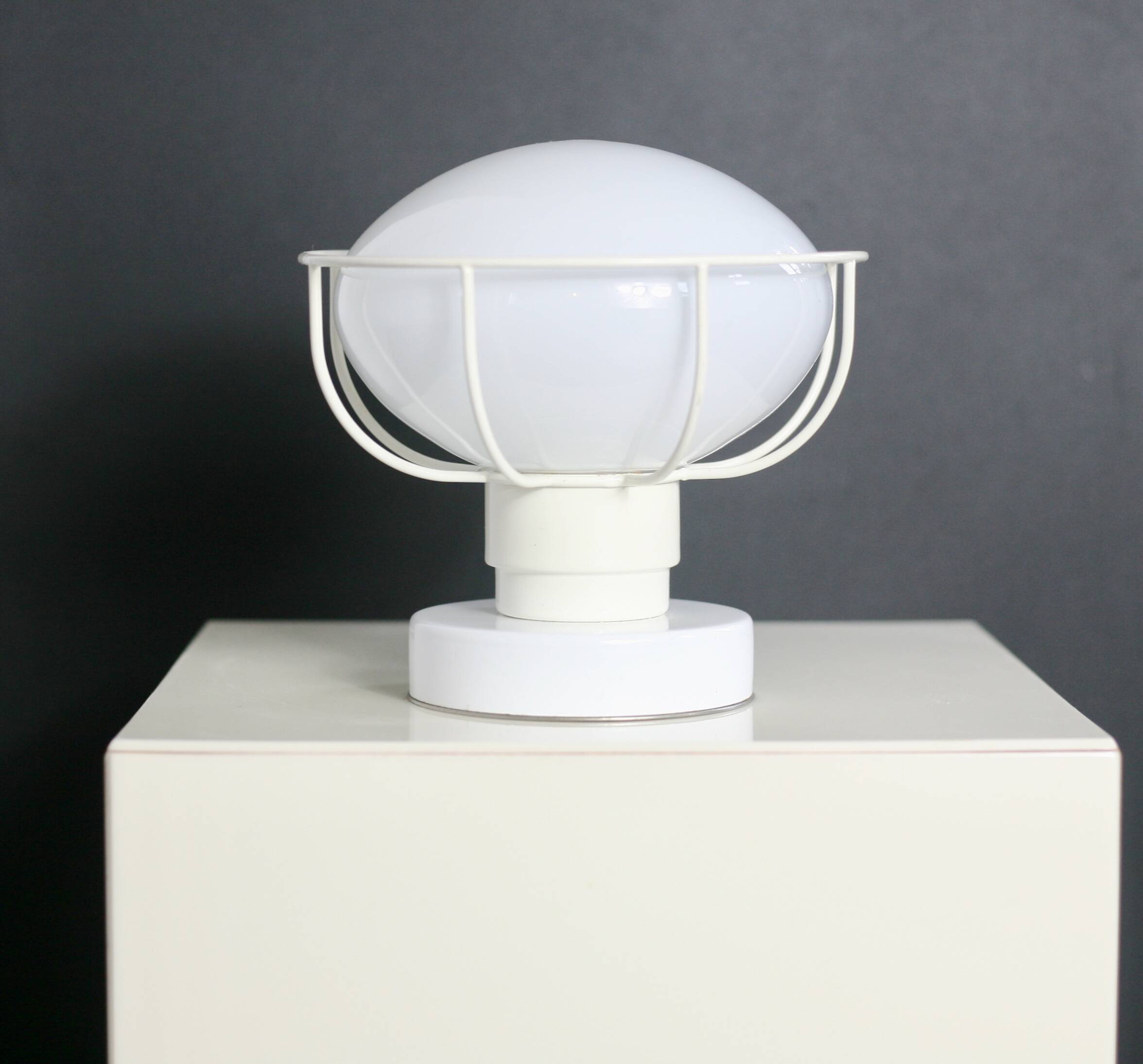 80s lamp, white lacquered metal and glass globe