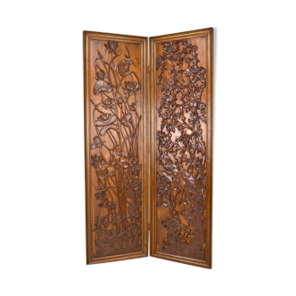 Japanese Art Nouveau screen in carved wood, circa 1890