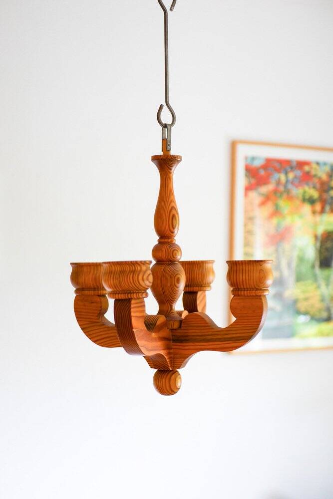 Rustic wooden pendant chandelier candleholder from Smålandsslöjd, Sweden, 1975