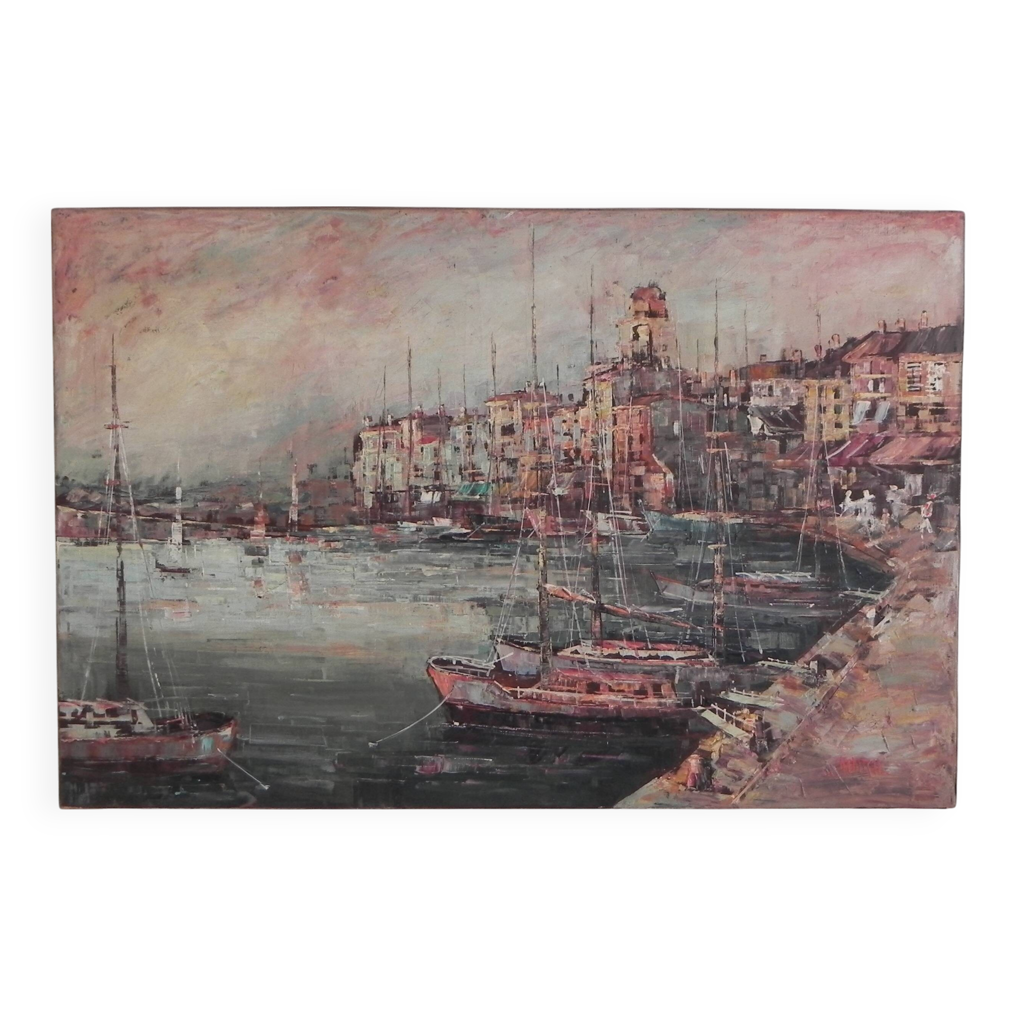 Painting of a cityscape with a harbour, Harry Dedic, 1960s