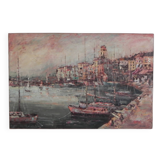 Painting of a cityscape with a harbour, Harry Dedic, 1960s