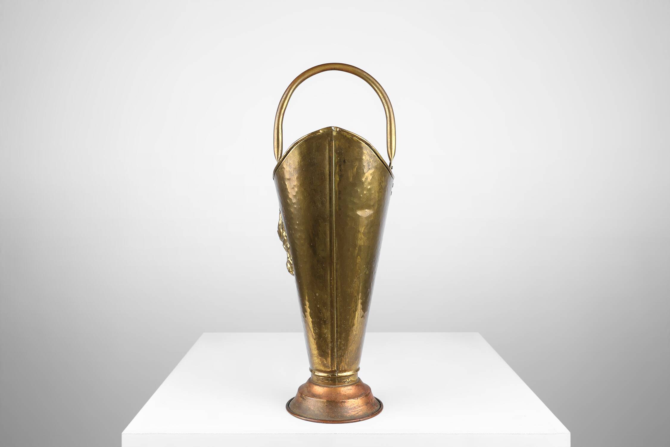 French vintage rustic brass and copper base umbrella stand with embossed decoration