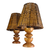 pair of Scandinavian bedside lamps in wicker wood, very good condition, 32x13
