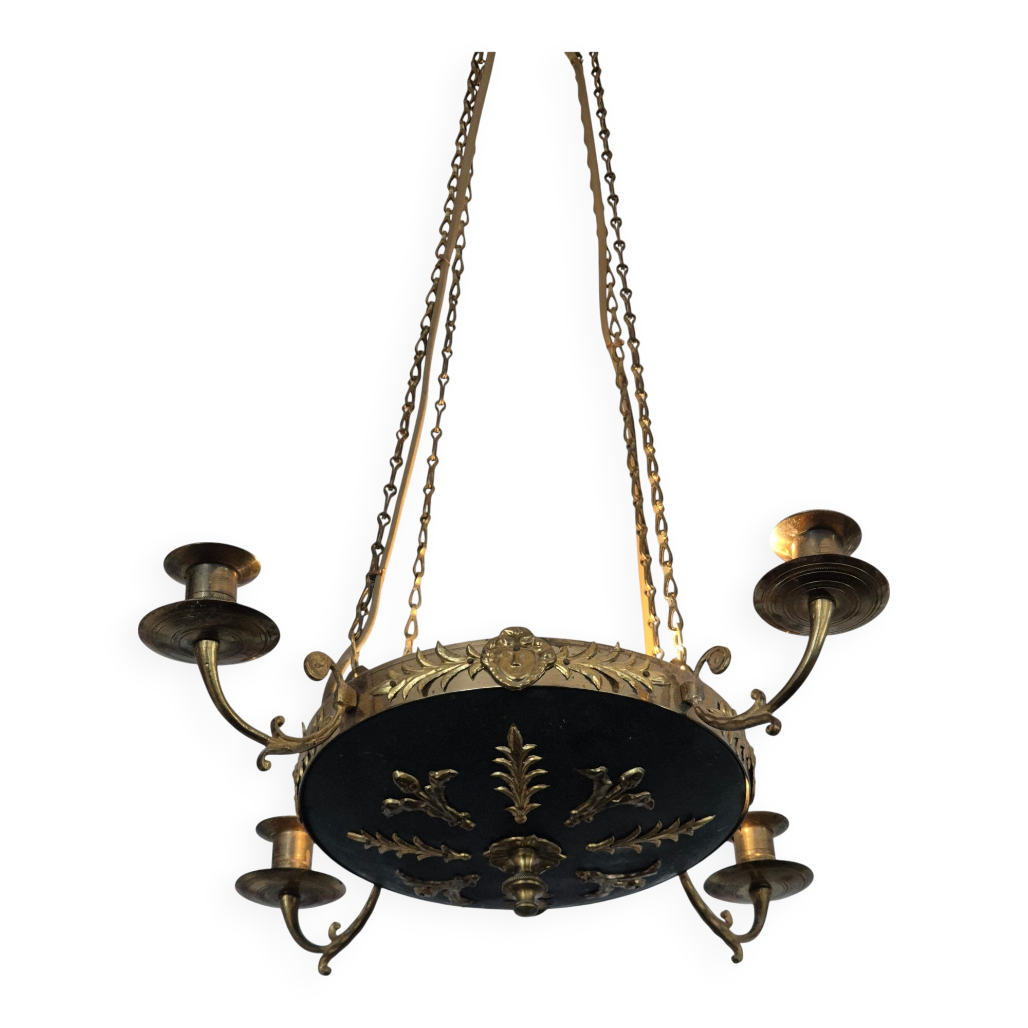 Pendant in brass with two light sockets and four candle holders, Empire style